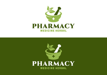 Mortar, pestle, leaf. Medical pharmacy medicine logo design template inspiration - obrazy, fototapety, plakaty