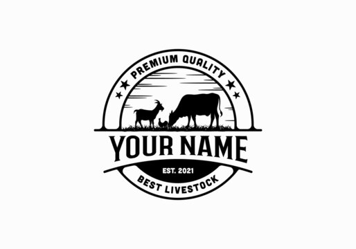 Grass, cattle, chicken, goat, cow. Vintage livestock logo design template inspiration