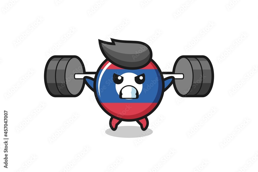 Wall mural laos flag badge mascot cartoon with a barbell