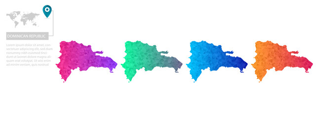 Set of vector polygonal Dominican Republic maps. Bright gradient map of country in low poly style. Multicolored country map in geometric style for your