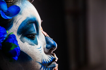 Backstage makeup. Woman with Halloween makeup.