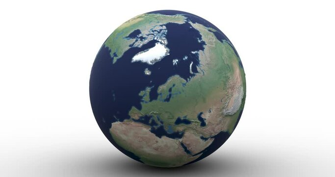 Raised relief globe drops into frame, rolls toward camera and highlights Scandinavia. Two versions. In-file luma matte allows you to easily recolor the infinite background. Data: NASA 