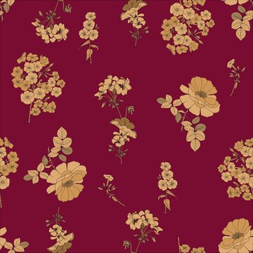 Dark red background with golden flowers. seamless vector pattern. © OlgaShashok