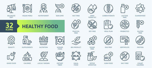 Thin Line Icon Set of Healthy Food, Halal, Kosher, Vegan food. Contains such Icons as Lactose, Gluten and Sugar Free, non GMO, NON Palm oil. Outline icons collection.  - 457048401