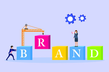 Business brand vector concept: Business team working together to make a good business brand with crane