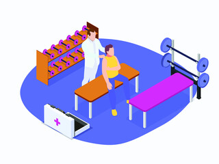 Doctor helping injured male athlete during workout in the fitness center. First Aid isometric vector concept