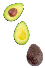 Organic avocado with seed, avocado halves and whole fruits on white background.