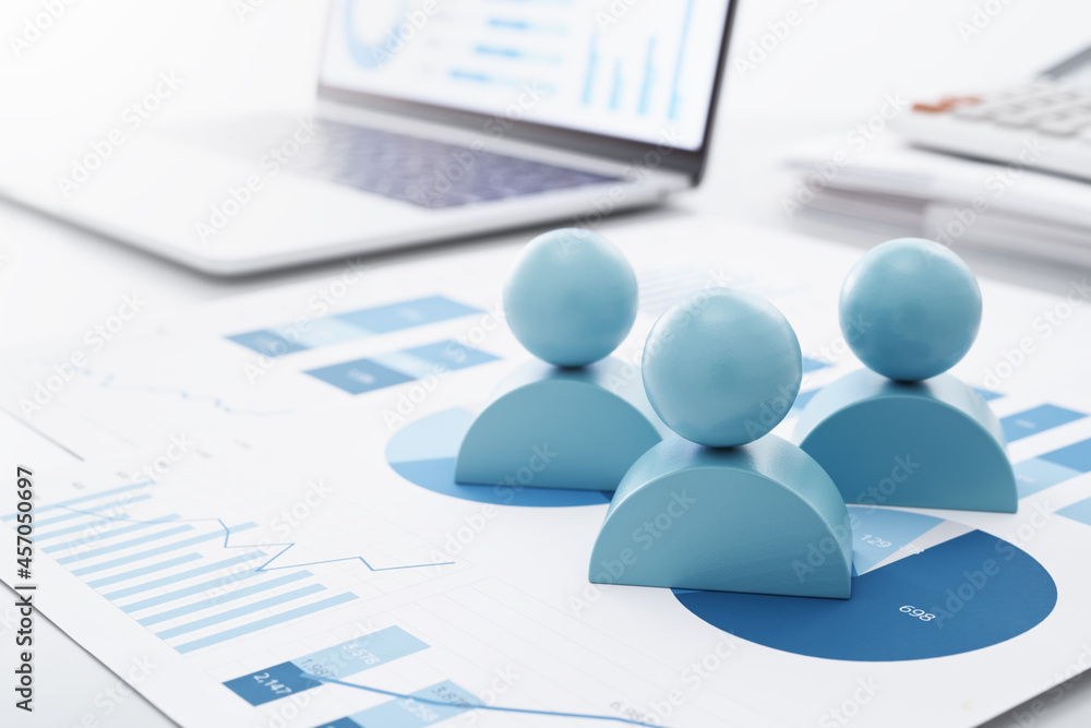 Aufkleber marketing data and analyzing. people icon blocks, reports and laptop.