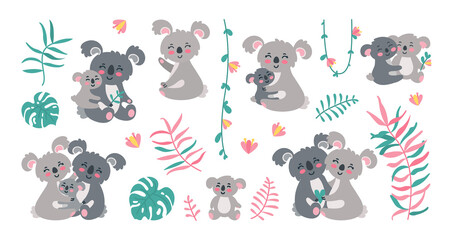 Fototapeta na wymiar Koala family in jungles. Koala parents with babies in leaves, lianas and flowers. Vector illustration isolated in white background