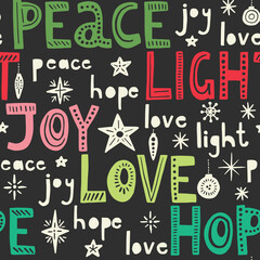 Colorful Winter Holidays Christmas Hand-Drawn Letteing Vector Seamless Pattern. Words Peace, Joy Love, Light, Hope. Sans Serif Minimal Scandi Cutout Background. Linocut Backdrop - 457050667