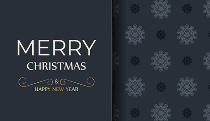 Holiday card Merry Christmas and Happy New Year in dark blue color with luxury blue ornaments