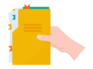 Hand holds a yellow folder with documents.  - obrazy, fototapety, plakaty