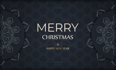 Festive Brochure Merry Christmas and Happy New Year in dark blue with luxury blue ornaments