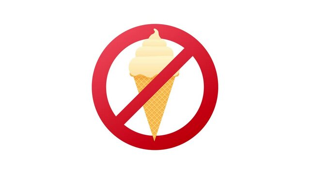 Image of ice cream cone, behind NO sign, on white background. Motion graphics