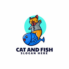 Vector Logo Illustration Cat & Fish Mascot Cartoon Style.