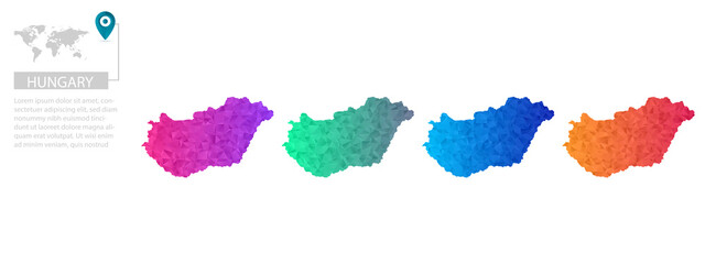 Set of vector polygonal Hungary maps. Bright gradient map of country in low poly style. Multicolored country map in geometric style for your