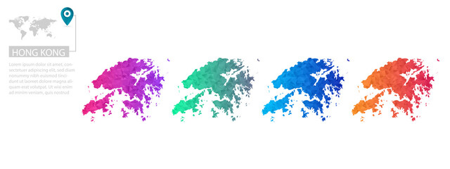 Set of vector polygonal Hong Kong maps. Bright gradient map of country in low poly style. Multicolored country map in geometric style for your