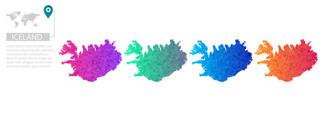 Set of vector polygonal Iceland maps. Bright gradient map of country in low poly style. Multicolored country map in geometric style for your