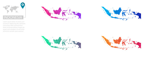 Set of vector polygonal Indonesia maps. Bright gradient map of country in low poly style. Multicolored country map in geometric style for your