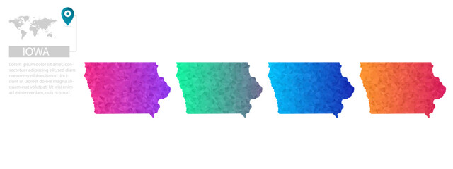 Set of vector polygonal Iowa maps. Bright gradient map of country in low poly style. Multicolored country map in geometric style for your