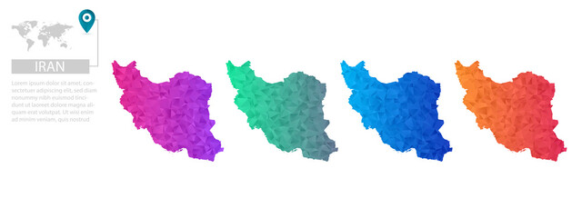 Set of vector polygonal Iran maps. Bright gradient map of country in low poly style. Multicolored country map in geometric style for your