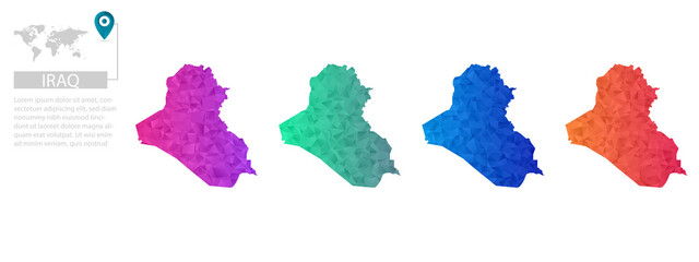 Obraz premium Set of vector polygonal Iraq maps. Bright gradient map of country in low poly style. Multicolored country map in geometric style for your