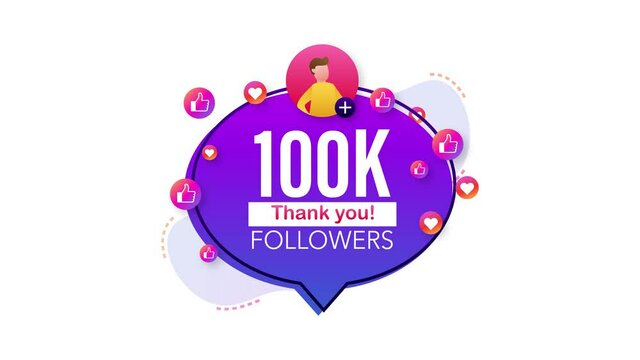 Thank you 100000 followers numbers. Flat style banner. Congratulating multicolored thanks image for net friends likes. Motion graphics