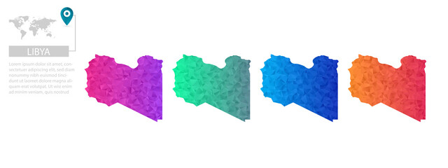 Set of vector polygonal Libya maps. Bright gradient map of country in low poly style. Multicolored country map in geometric style for your - obrazy, fototapety, plakaty