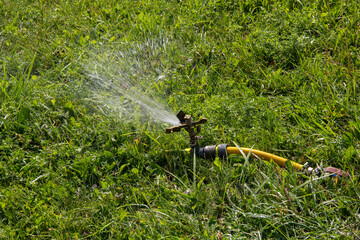 Naklejka premium Irrigation system on the lawn sprinkling water on a hot summer day.