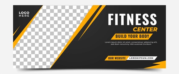 Fitness and gym horizontal banner template design. Editable modern banner with yellow shape and place for the photo. Usable for banner, cover, and header.