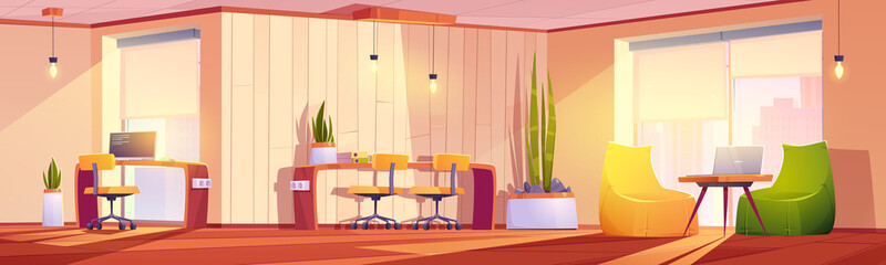 Coworking office with tables, chairs, laptops and plants. Vector cartoon empty interior of open space or home office with furniture for corporate or freelance work © klyaksun