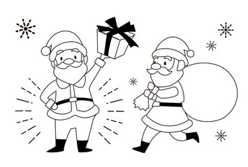 手描き シンプルでかわいいプレゼントを持つサンタクロースの白黒イラスト