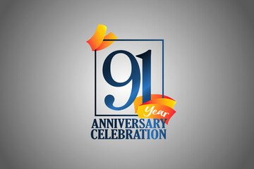 91 Year Anniversary Blue Color with Block Frame and Orange Yellow Ribbon - Vector