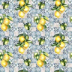 Baroque watercolor ornament, square pattern, lemons Sicily, yellow and blue print. retro wallpaper