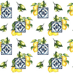 Baroque watercolor ornament, square pattern, lemons Sicily, yellow and blue print. retro wallpaper