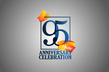 95 Year Anniversary Blue Color with Block Frame and Orange Yellow Ribbon - Vector