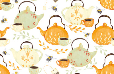 Watercolor tea mood seamless pattern with illustration of kettle, tea bag, cup, bee and branch in vintage style for fabrics, paper, textile, gift wrap isolated on white background. Teapot, breakfast.