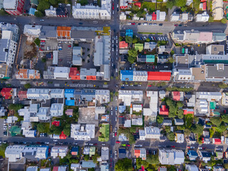 Beautiful aerial view of the City of Reykjavik, with its majestic church and colorful houses and streets in Iceland