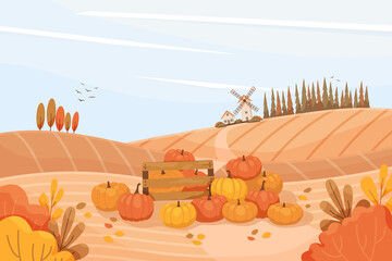 Rural autumn landscape with pumpkins. Hilly terrain, farm fields, trees, windmill, harvesting, pumpkins in the field. Harvest festival poster, pumpkin festival. Vector illustration.  - obrazy, fototapety, plakaty