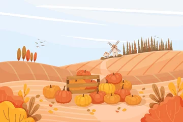 Gordijnen Rural autumn landscape with pumpkins. Hilly terrain, farm fields, trees, windmill, harvesting, pumpkins in the field. Harvest festival poster, pumpkin festival. Vector illustration.  © Yuliya Ponomareva