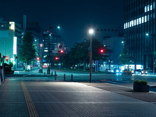 夜の都会の街の道路と信号機