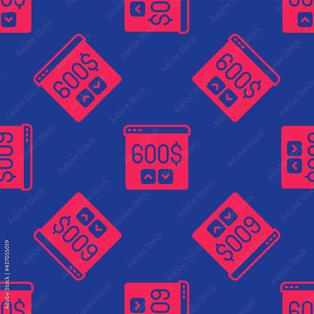 Poster red monitor with dollar icon isolated seamless pattern on blue background. sending money around the 