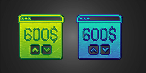 Green and blue Monitor with dollar icon isolated on black background. Sending money around the world, money transfer, online banking, financial transaction. Vector