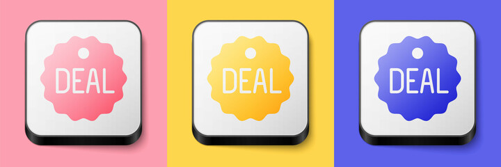 Isometric Deal icon isolated on pink, yellow and blue background. Square button. Vector