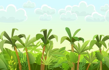 Rainforest background. Jungle trees. Cartoon fun style. Morning sky with clouds. Seamless landscape with palm tree vector.