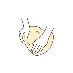 Kneading, stretching or folding dough outline icon. Hands and batter. Homemade bakery. Making sourdough bread preparation step. Instruction for baking recipe. Flat vector cartoon illustration.
