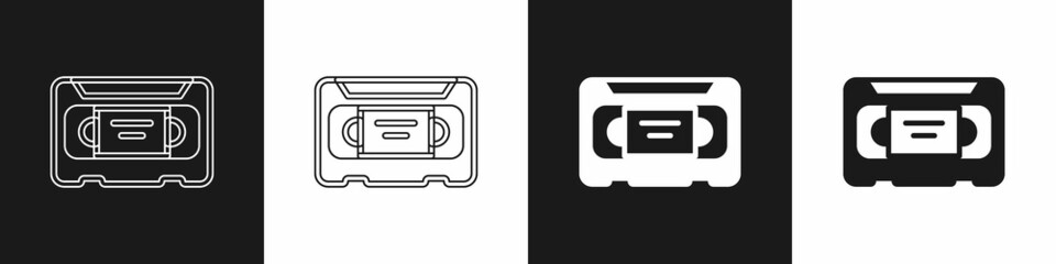 Set VHS video cassette tape icon isolated on black and white background. Vector