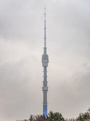 Obraz premium Ostankino television tower in the fog through winter tree branches. Moscow, Russia
