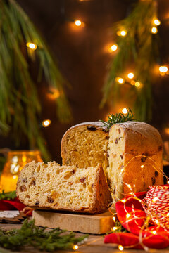 Traditional Italian Christmas cake Panettone with festive decorations 