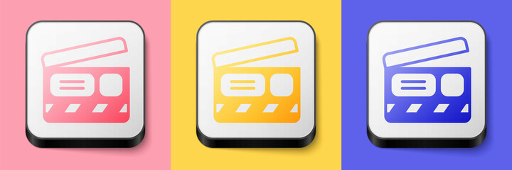 Isometric Movie clapper icon isolated on pink, yellow and blue background. Film clapper board. Clapperboard sign. Cinema production or media industry. Square button. Vector